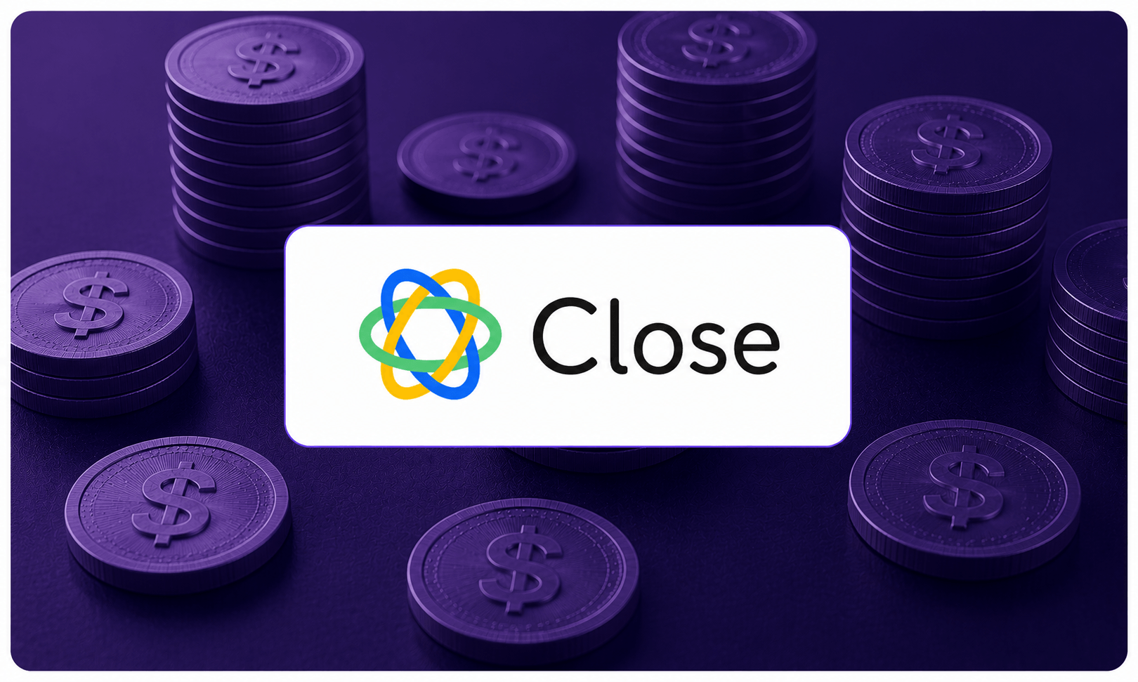 Close pricing banner with centered Close logo on a white panel over a purple dollar coin background.